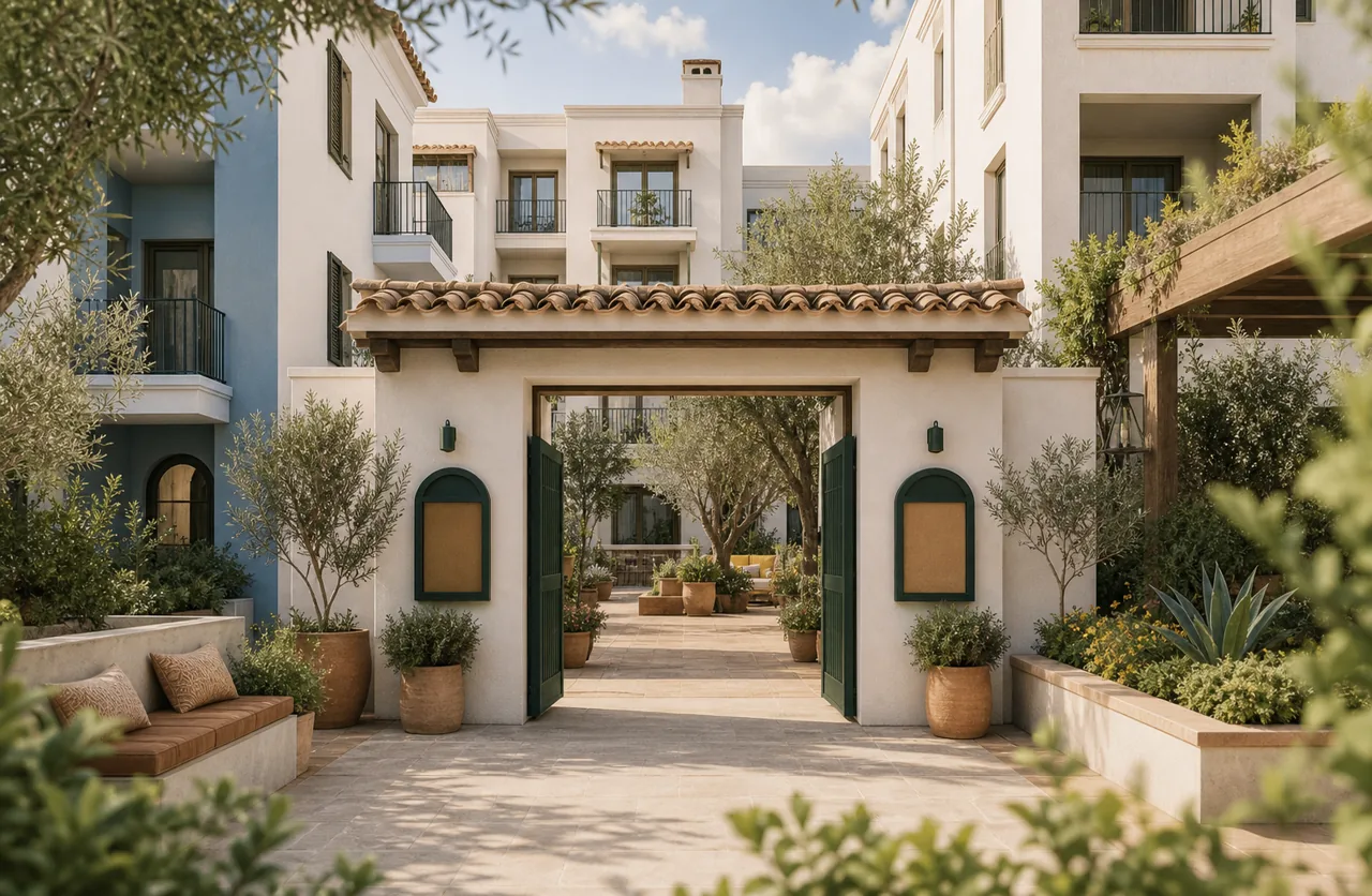 Patio residencial con zonas comunes y una entrada ajardinada